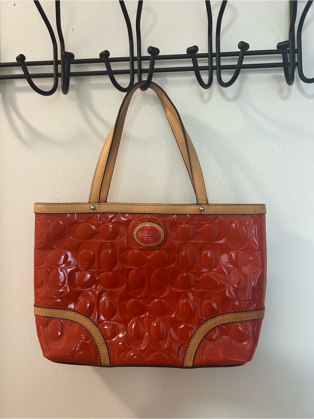 Coach Red Patent Leather Tote with Tan Trim